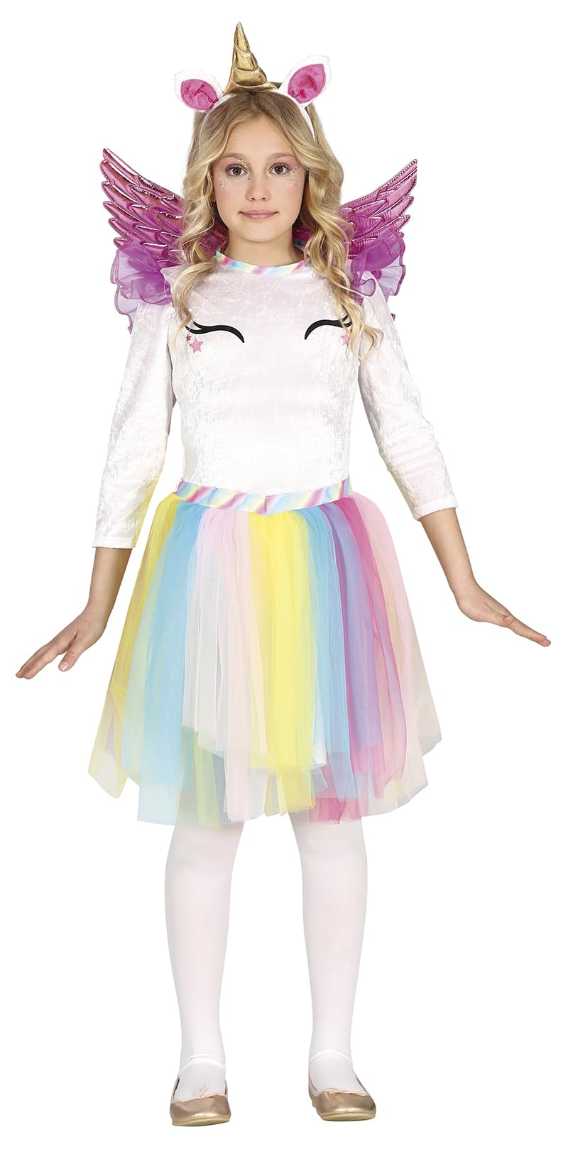 FIESTAS GUIRCA Rainbow Unicorn with Wings Fancy Dress Costume - Girls Outfit with Multicoloured Tutu Dress, Golden Unicorn Headband, Pink Wings for Children 3-4 Years