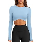 LASLULU Womens Sexy Double Lined Long Sleeve Shirts Crewneck Workout Tops Athletic Yoga Shirts Going Out Crop Tops