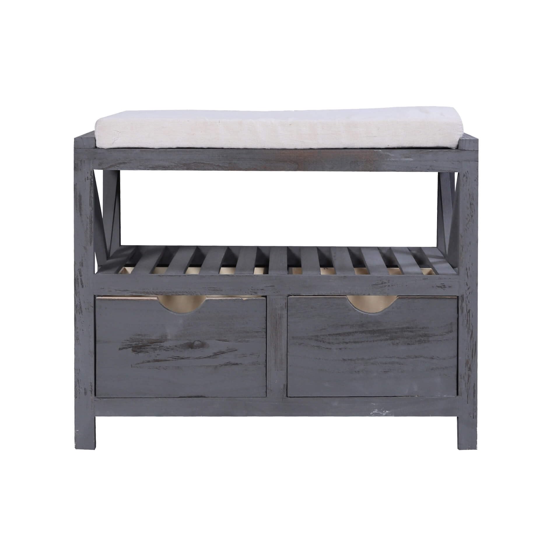 Rebecca Mobili Bench Seat with Cushion with 2 Drawers Wood Grey Vintage Bedroom Bathroom Hall - 43 x 65 x 34 cm (H x W x D) - Art. RE4551