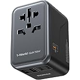 MOMAX 70W Universal Travel Adapter, 6-in-1 GaN International Power Adapter for Laptop, Phone, 3 USB-C PD & 2 USB-A QC Wall Charger, European Travel Plug Adapter for UK/US/AUS/JP, Travel Essentials