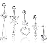 ElevateTech 5 Pcs Surgical Stainless Steel Dangle Belly Button Rings for Women Heart Flower Butterfly Belly Button Ring Dangling Piercing Jewelry, Silver