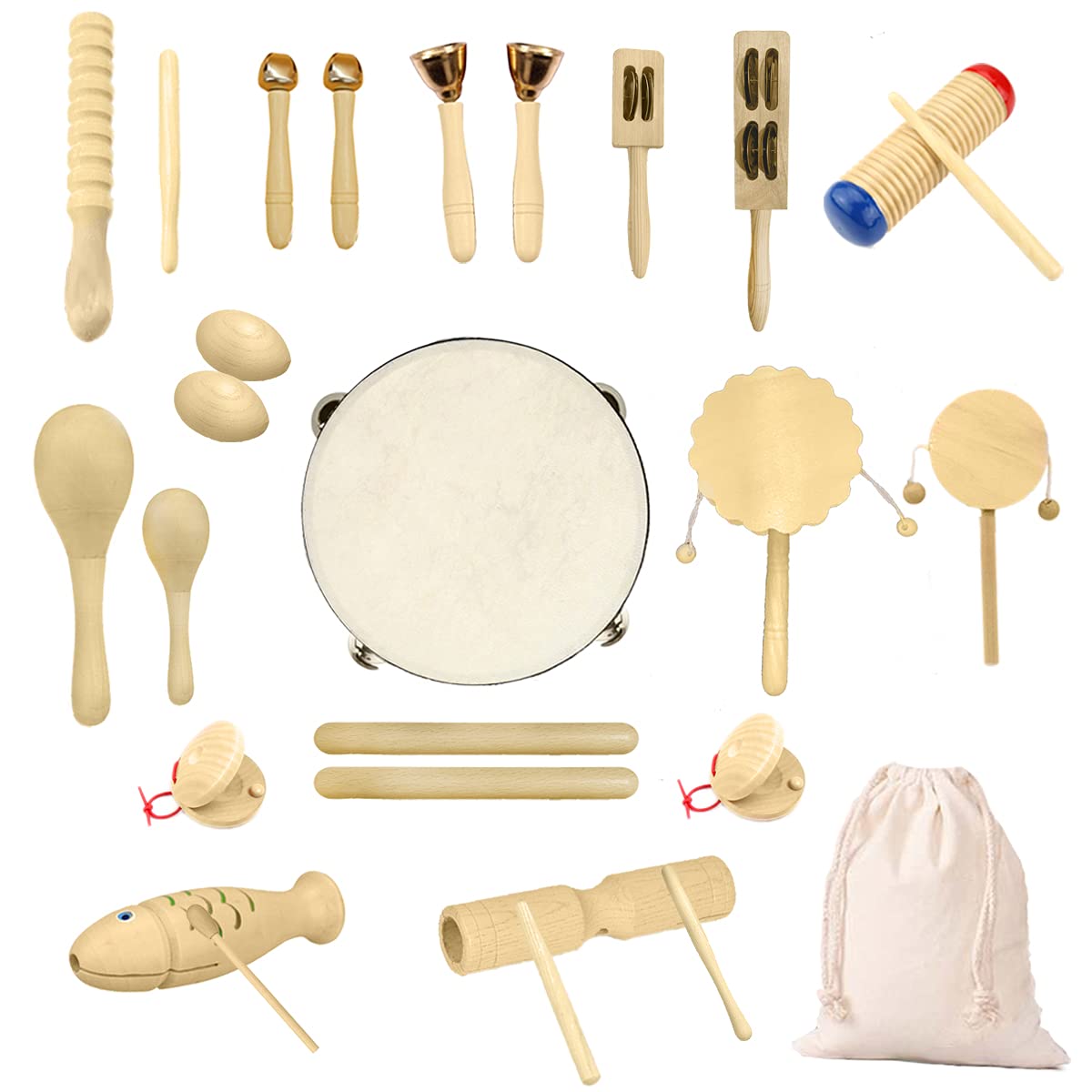 Ulifeme Wooden Musical Instruments, 27pcs Percussion Instruments for Baby, Kids and Toddler, Children's Pure Wood Toys Set, Premium Percussion Rhythm Kit, Girls and Boys Gift, Pure Cotton Bag Packed