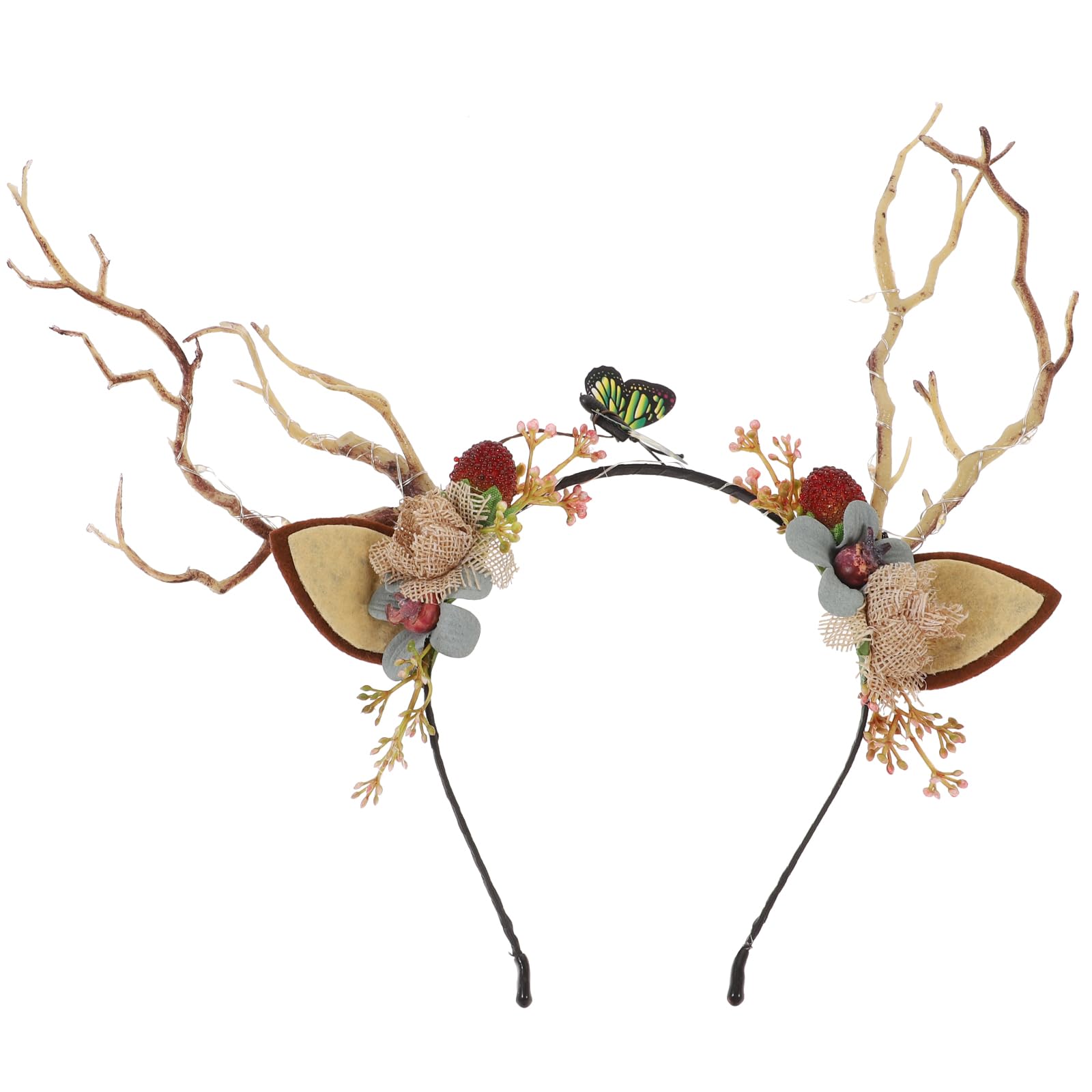 EXCEART Christmas Flower Crown Reindeer Antlers Headband Light Up Led Floral Wreath Headdresses Forest Fairy Costume Photography Hair Hoop for Festive