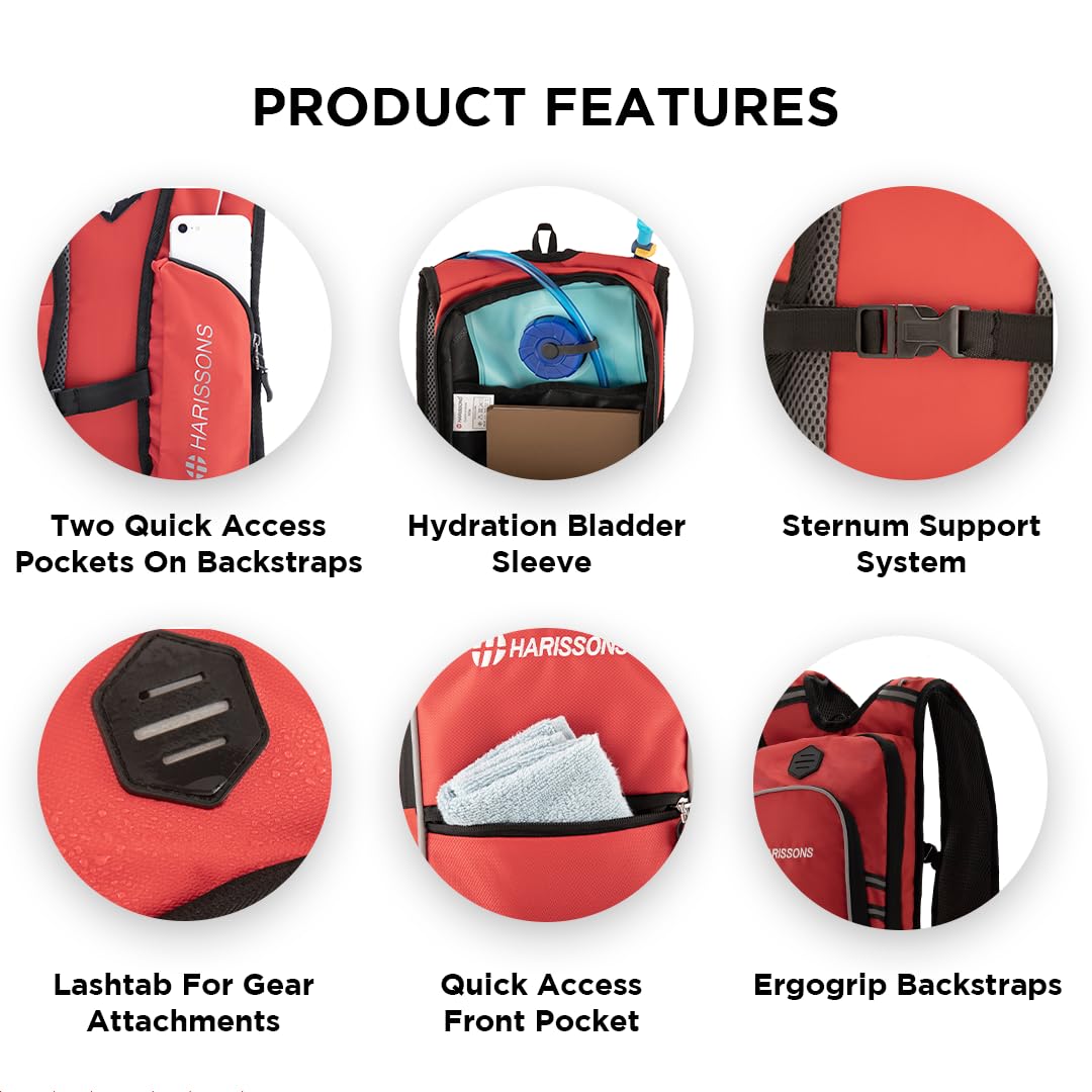 HARISSONS Knightrider Cycling Backpack 9L (Red) with built-in Hydration Bladder Pocket Sleeve | Quick-access Strap Pockets, Detailed Organizer & Lightweight | Sternum Support & Breathable Mesh Fabric 4