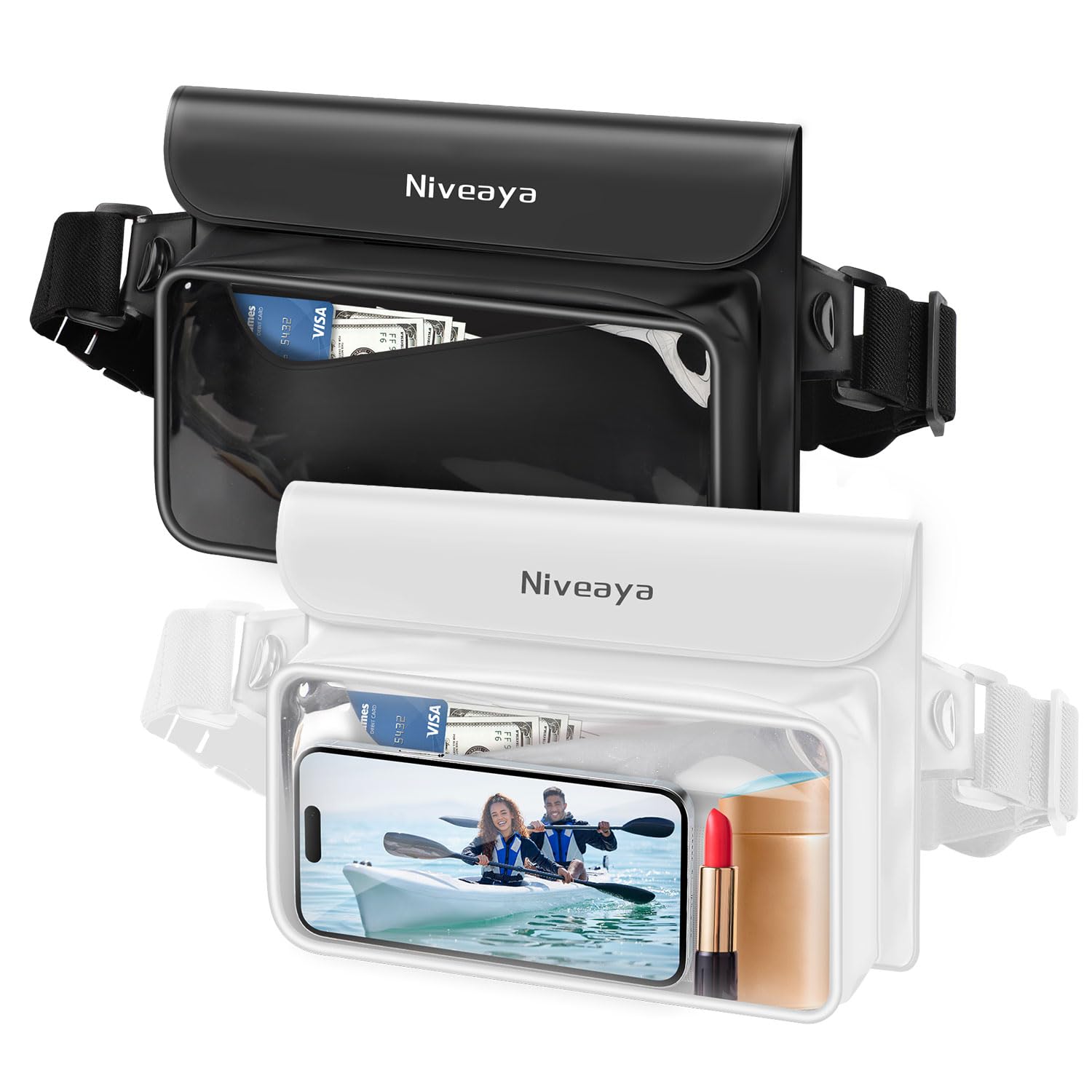 Photo 1 of Niveaya IP68 Waterproof Fanny Pack - 2 Pack, Floating Dry Bag Pouch, Phone Waterproof Waist Pouch Dry Bag, Beach, Kayaking, Swimming, Boat Essentials, for iPhone 17/16/15/14/13/12 Pro Max up to 9.5"