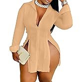 Fuiuwhs Sexy Shirts for Women Button Up Shirt Dress Outfits Party Long Sleeve Side Split Blouse Top