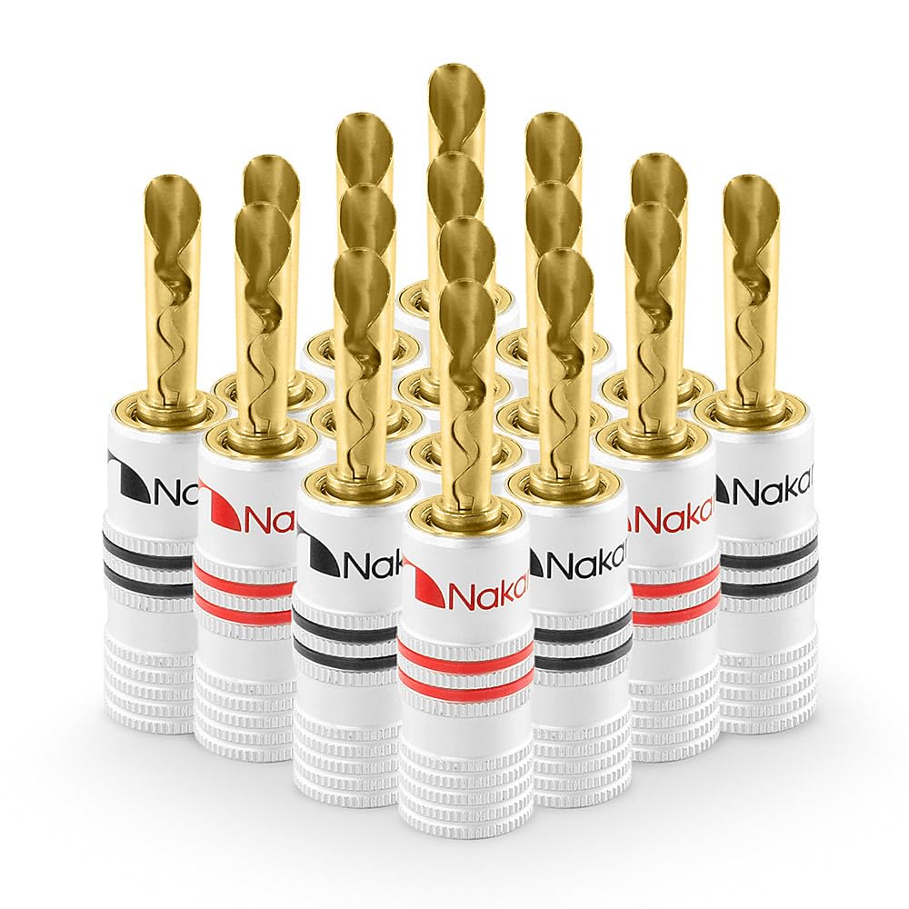 Nakamichi Excel Series 24k Gold Plated Banana Plug 12 AWG - 18 AWG Gauge Size 4mm Speakers Amplifier Hi-Fi AV Stereo Home Theatre Audio Wire Cable Screw Connector 16 Pcs (8-Pairs), BFA Banana Plug