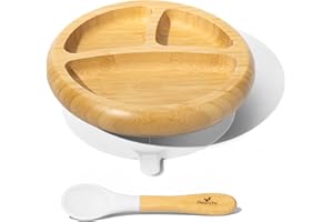 Avanchy Baby Plates Divided Bamboo with Suction for Babies Kids Toddler Food with Silicone Spoon for Feeding (White)