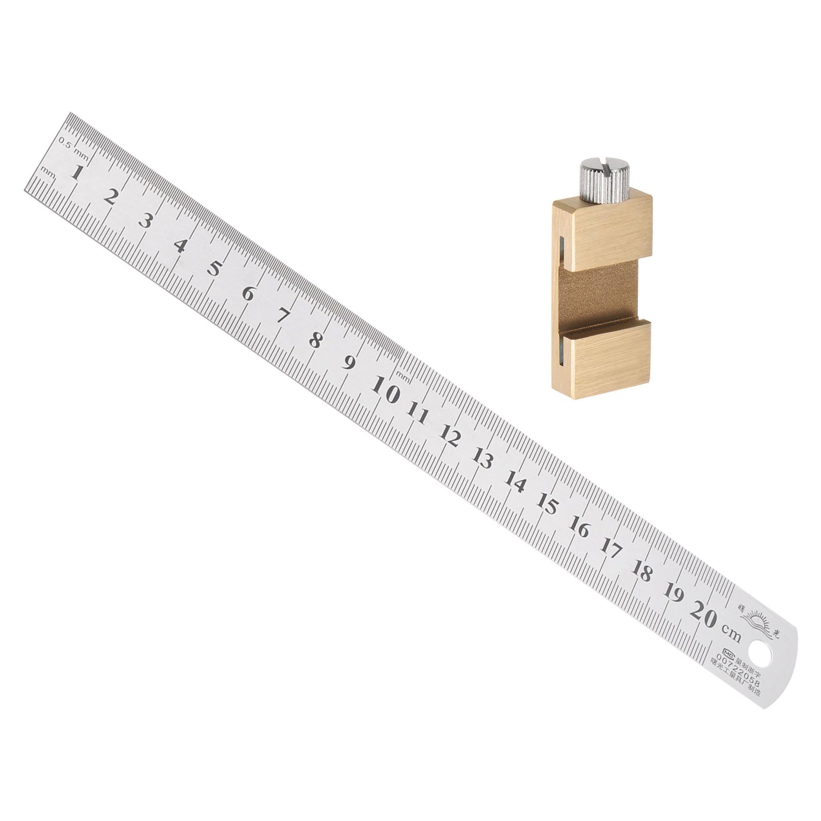Kozelo Stainless Steel Ruler - [20cm/8 Inch] Double Reading Measuring Tools with 27mm Scriber Block for Architectural Design Use | Gold Tone