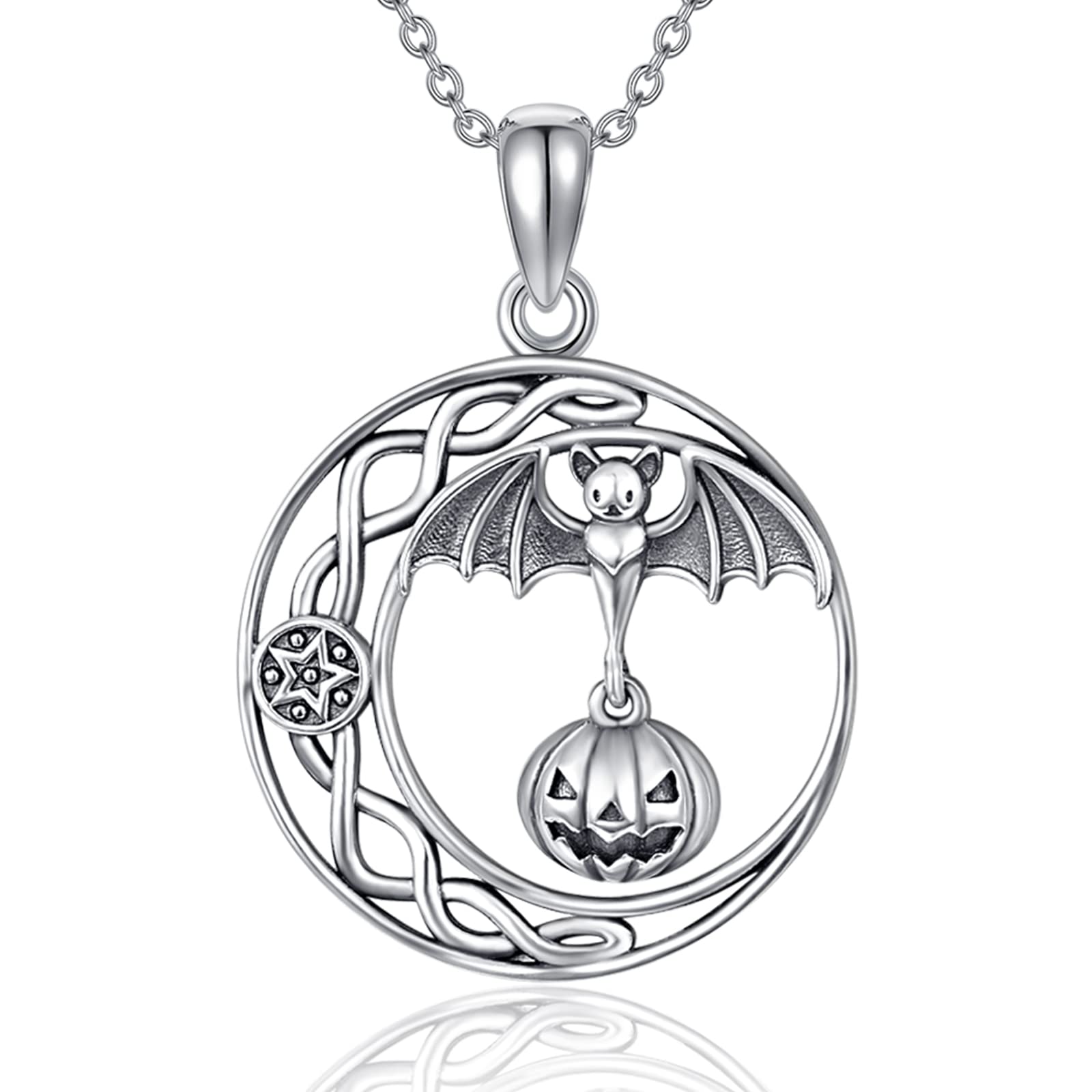 TANGPOET Bat Necklace 925 Sterling Silver Celtic Knot Bat Pendant Pumpkin Necklace Halloween Gothic Jewellery Gifts for Men Women