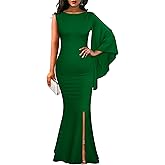 YMDUCH Women's Elegant One Bell Sleeve Side Split Long Paty Mermaid Formal Dress