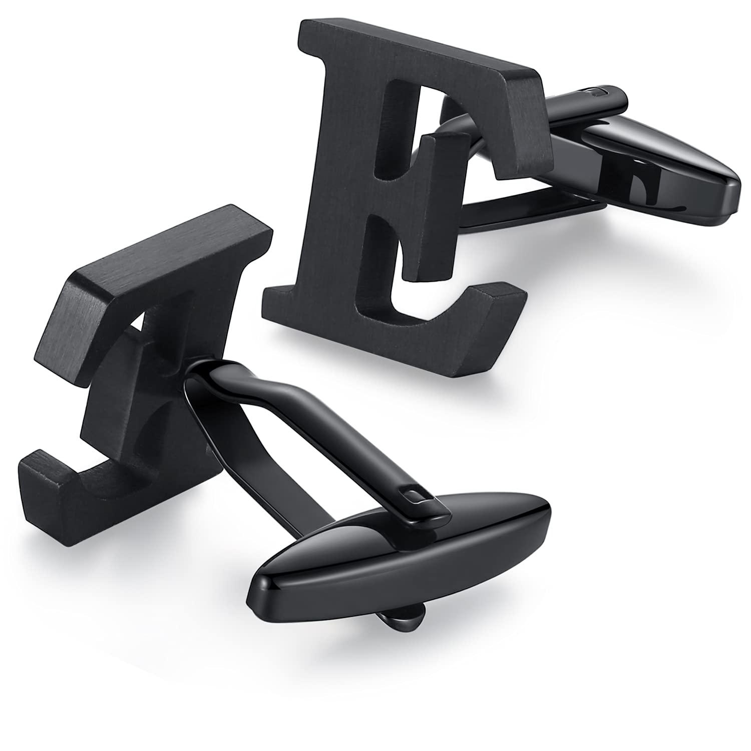 HONEY BEAR Mens Initial Alphabet Letter Cufflinks,Stainless Steel for Wedding Formal Business Gift(E-Black)