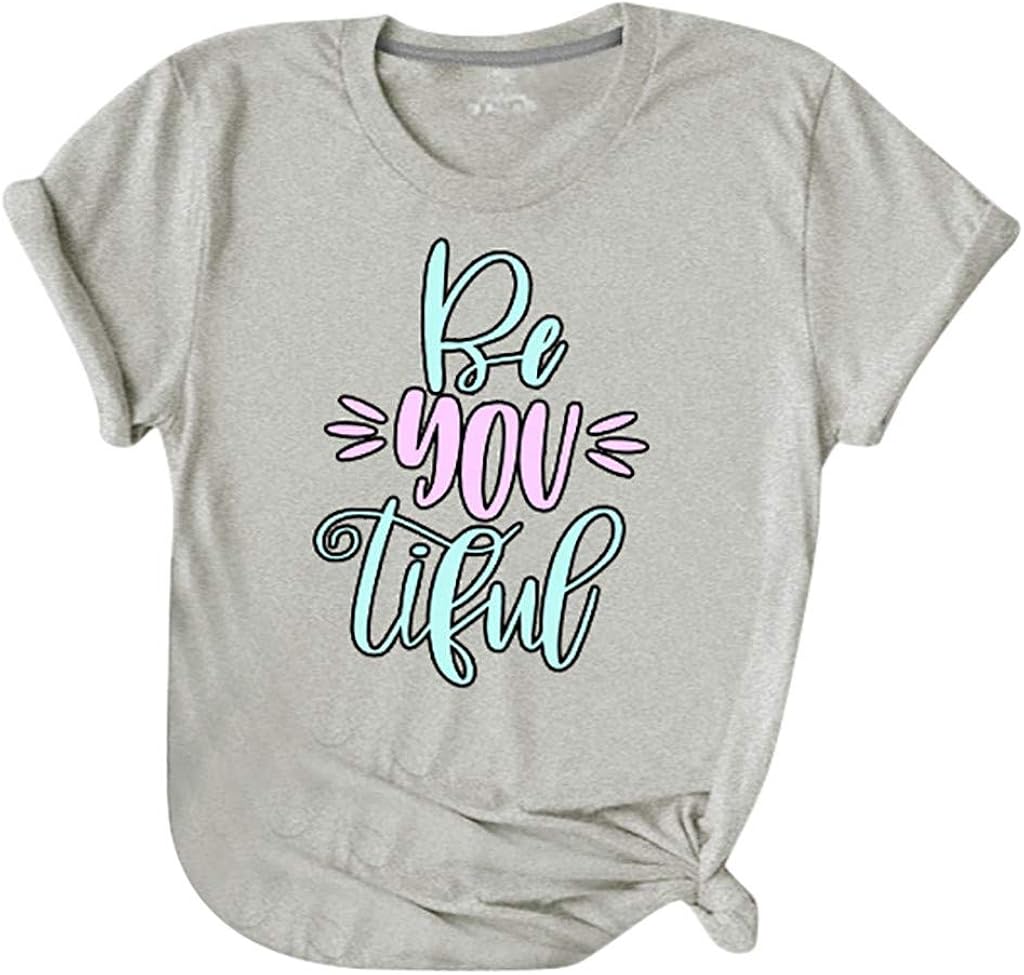 LIM&SHOP Women's Summer Casual Cute Graphic Letter Print Cotton Short Sleeve Crew Neck Loose T-Shirt Tees Cotton Tops