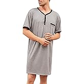 Yukiuiny Men Short Sleeve Nightshirt Knee Length Nightgown Cotton Sleep Shirt Lounge Wear