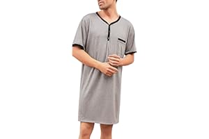 Yukiuiny Men Short Sleeve Nightshirt Knee Length Nightgown Cotton Sleep Shirt Lounge Wear