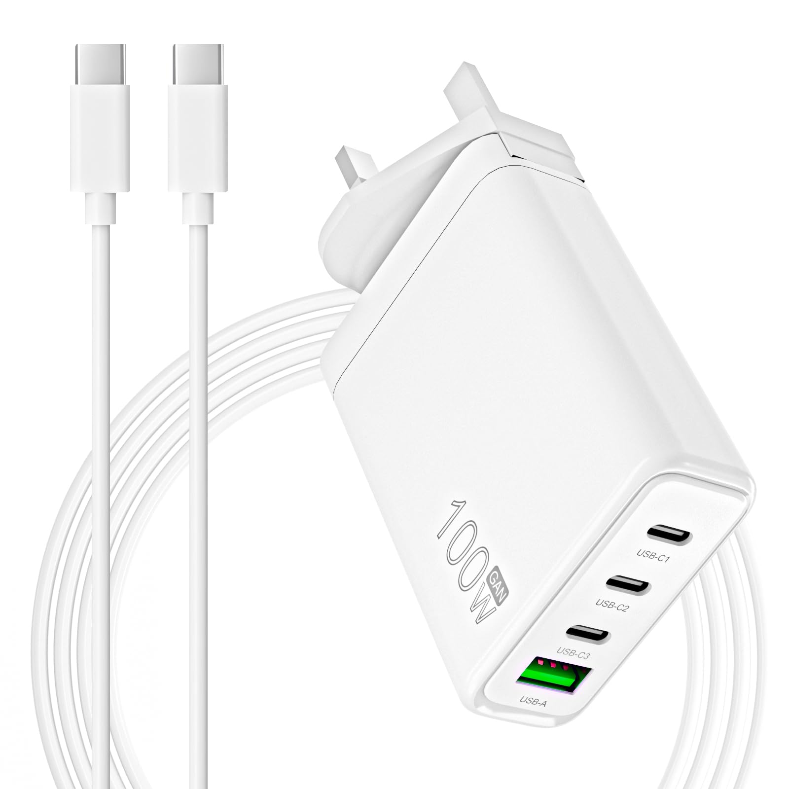 FUDCOCWN 100W USB C Plug GaN Wall Charger 4-Port Laptop Charger Compatible with MacBook Pro/Air, HP Laptop, Dell, Asus, Lenovo, Matebook, Galaxy S23 / S22