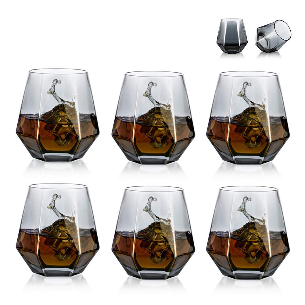 Diamond Whiskey Glasses Set of 6 Water Juice Tumbler Tilted Scotch Glass 300ml Whisky Glass Modern Look Glassware for Bourbon/Rum/Bar Tumbler