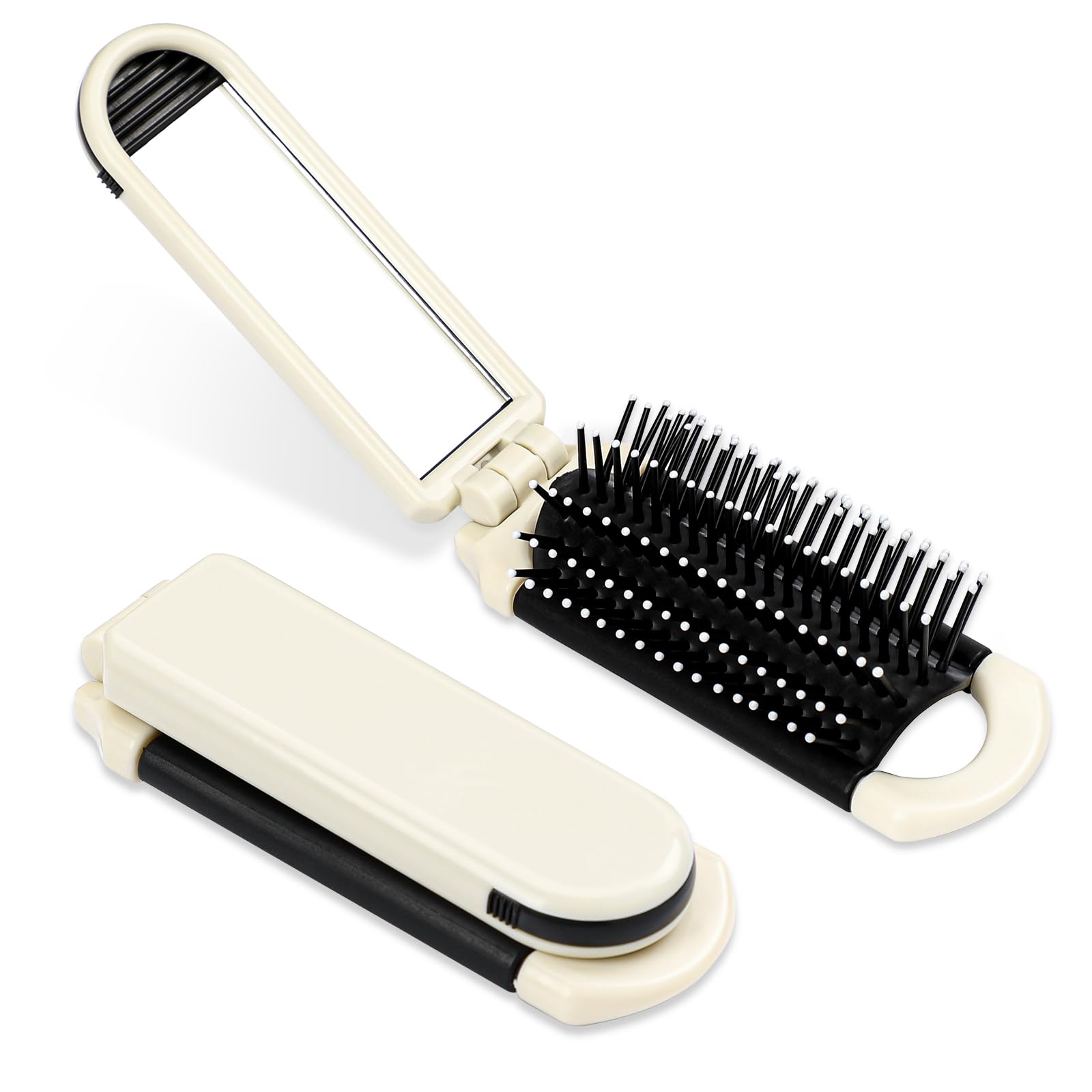 Foldable Travel Hair Brush with Mirror, Collapsible Pocket-Sized Mini Brush, Massage Comb, Compact Styling Tool for Gym, Trip, and Purse (1 Pack, Cream Color)