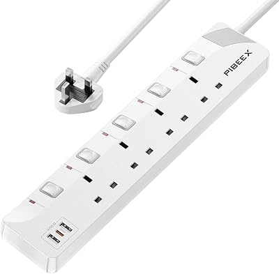 PIBEEX Extension Lead with USB C PD 20W 2 USB A 1 USB C 4 Way 2m Wall Mount