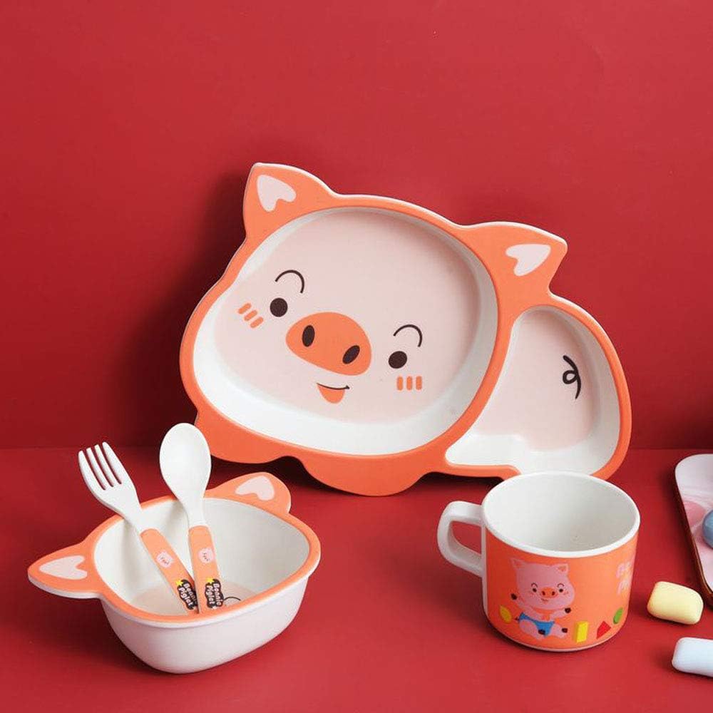 Cartoon Animal Division Dinner Plate Tableware Sets Unbreakable 5pcs Set Plates Bowl Cup Spoon Fork Dinnerware Solid Feeding Utensils for Toddler Baby Kids (Pig)