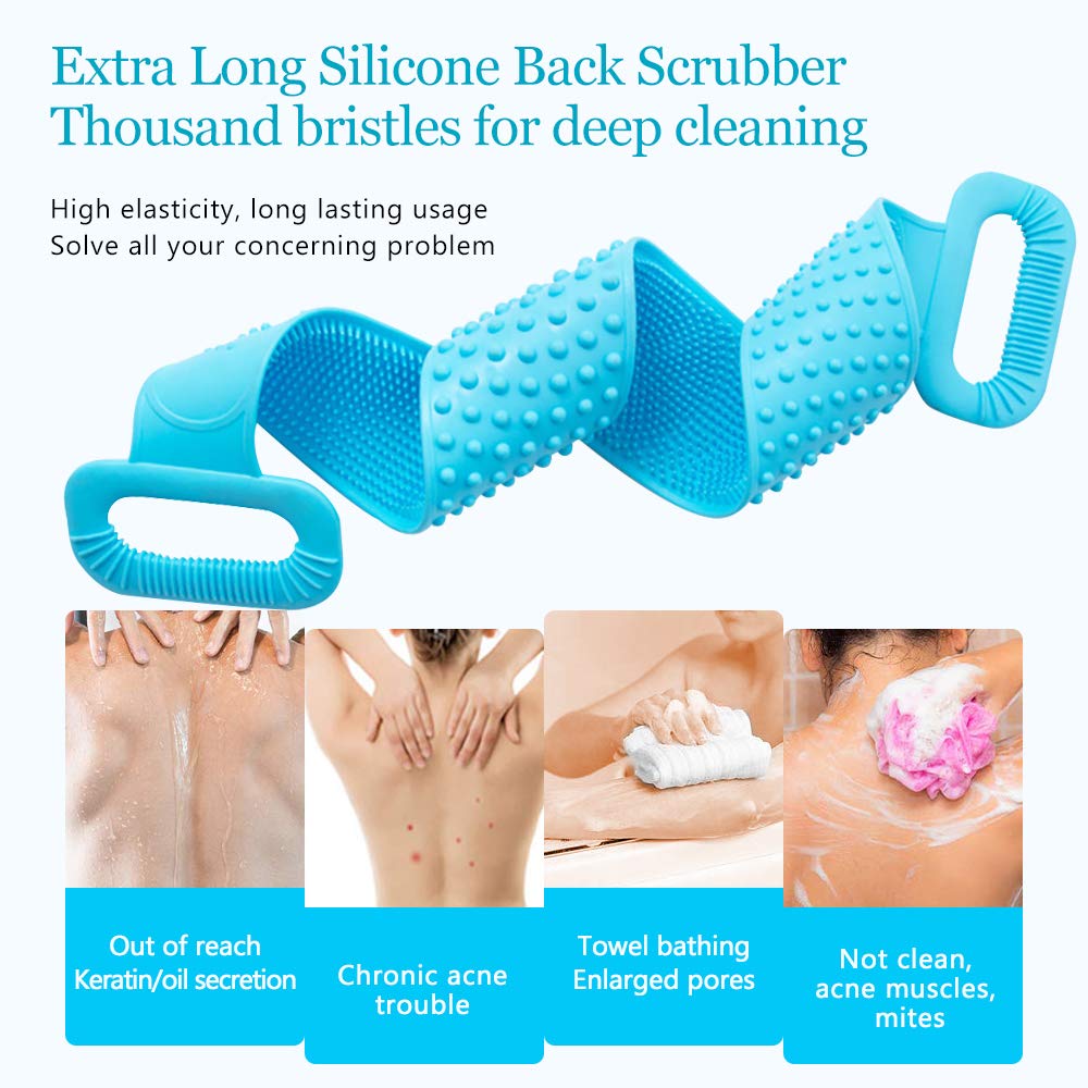 CONBOLA Back Scrubber for Shower Silicone Body Brush 30 inches/76 cm Extra Long Exfoliating Body Scrubber With Handle for Men and Women Long Lasting and Easy to Clean.(Blue) : Beauty