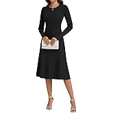 LYANER Women's Pleated Ruffle Ribbed Knit A Line Long Sleeve Elegant Midi Sweater Dress Black Small