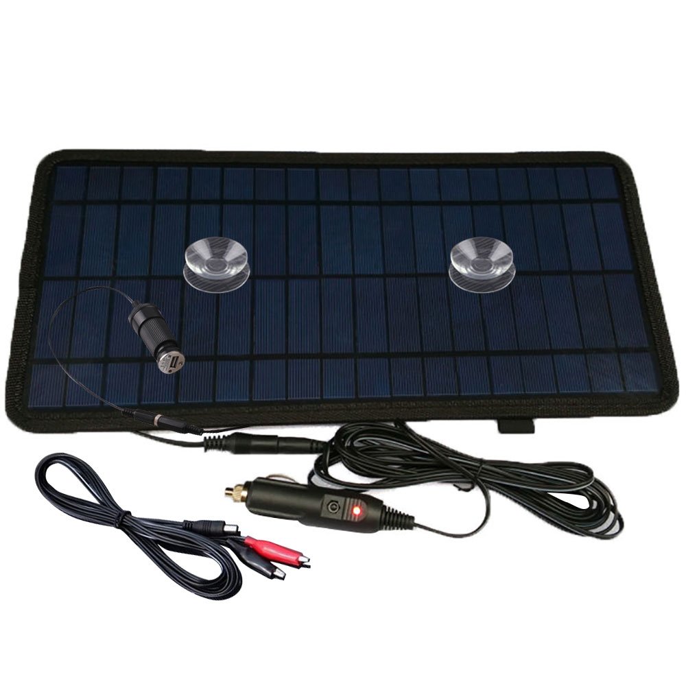 NUZAMAS 8.5W 12V Power Solar Panel Battery Charger For Car SUV Truck Boat Marine Caravan Comes with USB, Alligator Clips and Cigarette Adapter