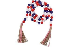 MEDOORE Wood Bead Garland with Rustic Tassels, Farmhouse Wall Hanging Prayer Beads Patriotic American Independence Day 4th of July Ornaments for Home Decor