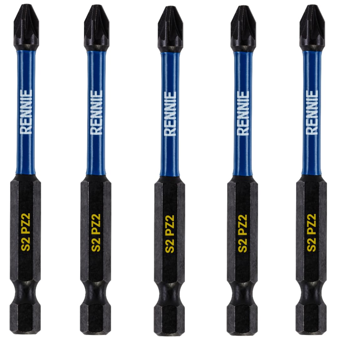 5 x Rennie Tools 75mm Long PZ2 Impact Screwdriver Driver Bits Set. Heavy Duty PoziDriv POZI No.2 Magnetic Screwdriver Bit Set. PZ2 Impact Driver Bits Pozidrive Screw Accessories. Black Oxide Coated