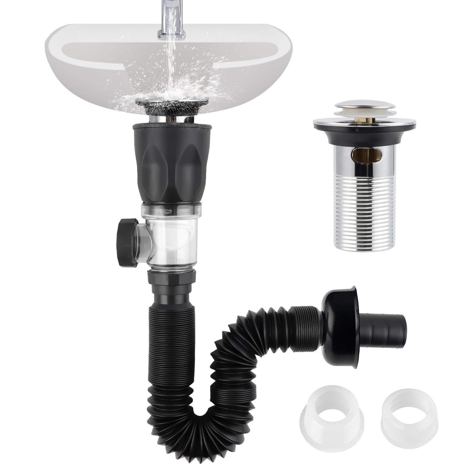 Photo 1 of iFealClear Bathroom Sink Drain Kit, Flexible P-Trap Drain Pipe with Pop Up Stopper, Expandable Bathroom Sink Pipe Replacement with 2 Adapters, Fits 1-1/4'', 1-1/2'', 2" Holes, Hair Catcher, Chrome