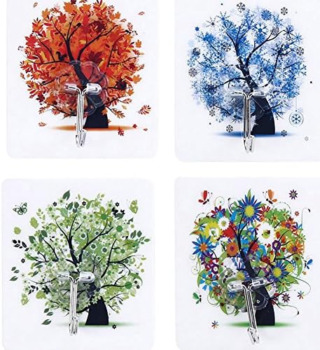 Wall Hooks Adhesive Wall Hanging Hooks Strong Seamless Hooks Reusable Heavy Duty Wall Stickers for Towel Loofah Bathrobe Coats,Bathroom Kitchen Waterproof and Oil (Four Seasons Tree Pattern)