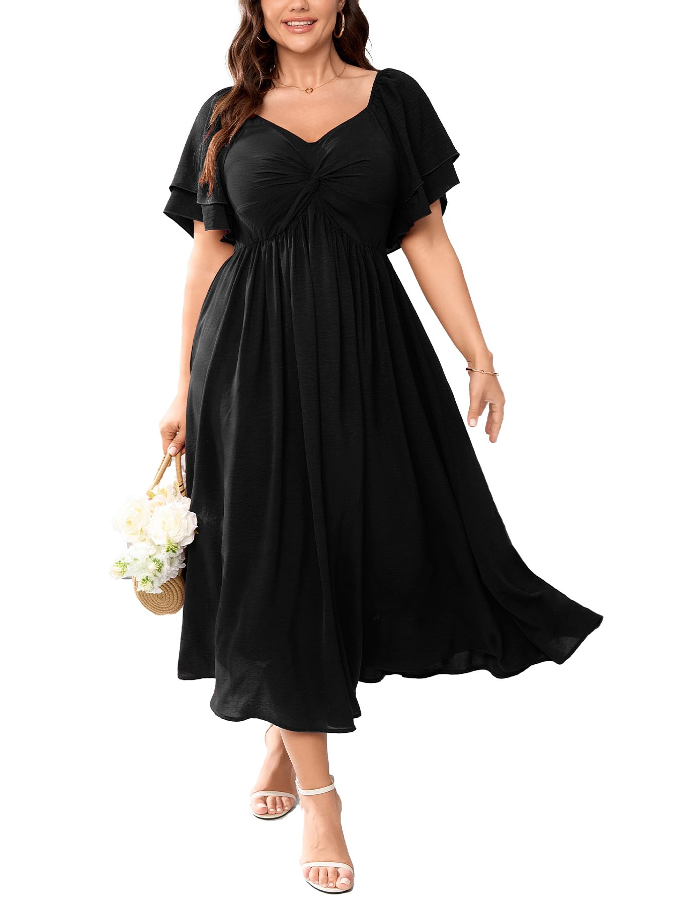 Photo 1 of  ** 3 xl** SCOMCHIC Women's Plus Size Wedding Guest Cocktail Dresses Sweetheart Neckline Ruffle Sleeve A Line Maxi Dress Black