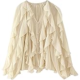 AKODOZO Womens Ruffle Chiffon Blouse Trendy Semi Sheer V Neck Top Long Sleeve Button Down Oversized Shirts
