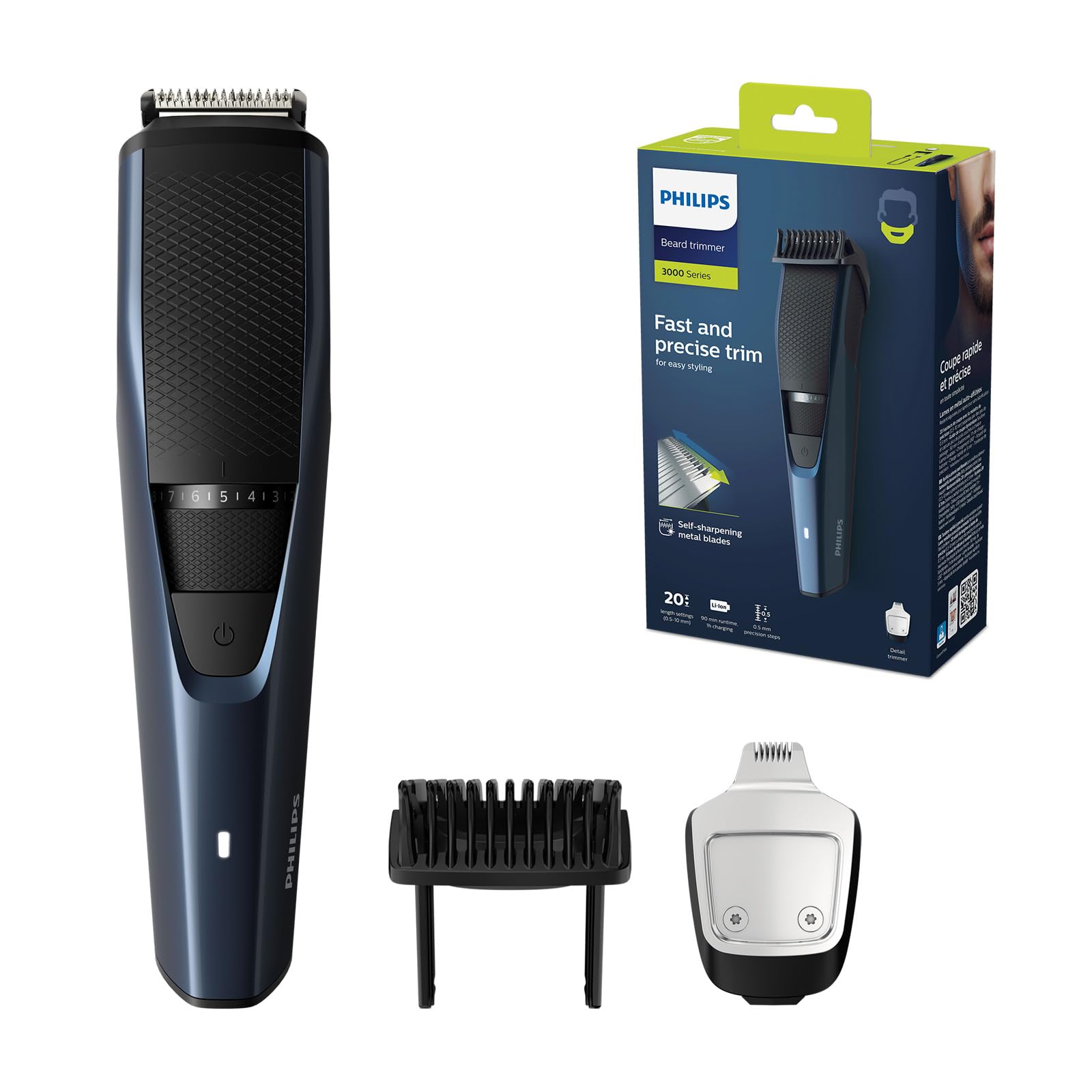Philips Men's Beard Trimmer Series 3000 - Electric Beard Trimmer with Detail Trimmer, Lift & Trim System, 20 Length Settings, 90 Min Cordless Use, Blue