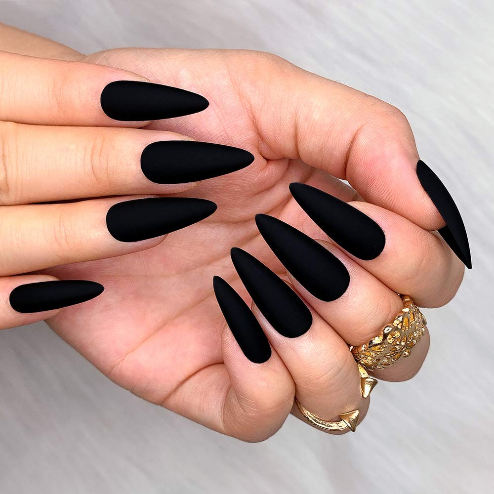 Morily 24pcs Fake Nails Matte Pure Color Medium Long Stiletto Almond Press on Nail False Tips Artificial Finger Manicure for Women (Black) - Image 5