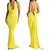Women Sexy Backless Dress Halter Deep V Neck Detachable Flower Sleeveless Open Back Maxi Dress Cocktail Prom Formal Dresses
