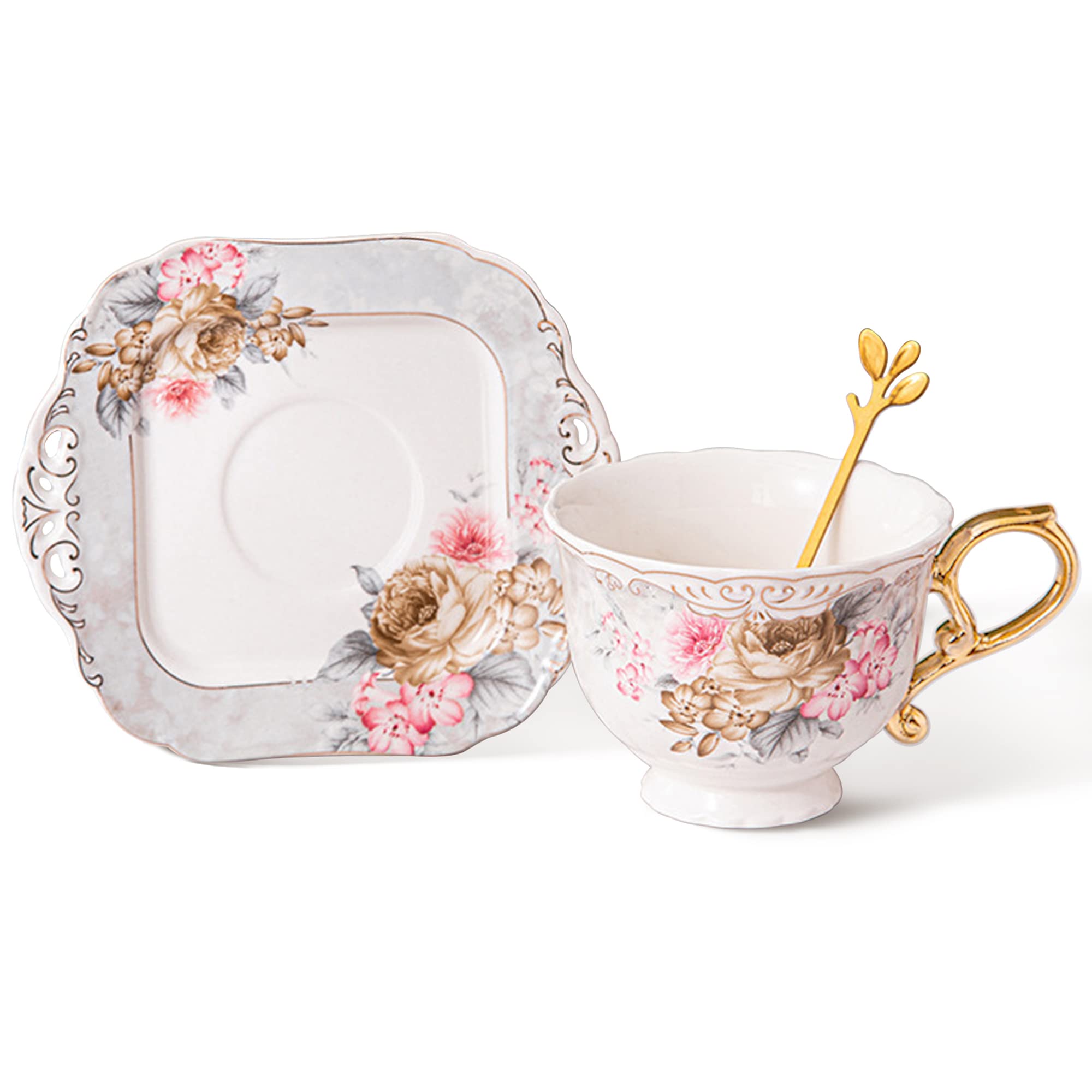 fanquare 200ml Grey Tea Cup with Saucer Set, Floral Porcelain Coffee Cup with Big Handle, Square Saucer with Gold Trim