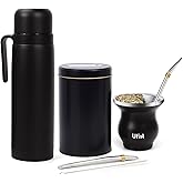 Ufist Complete Yerba Mate Cup Set - 304 18/8 Stainless Steel Modern Mate Gourd, Thermal Flask, Tea Container, 2 Bombillas and Cleaning Brush (Black Kit)