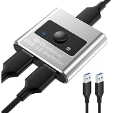 Aluminum USB 3.0 Switch, Bi-Directional 2 in 1 Out / 1 in 2 Out - Share 1 Device for Printer, Keyboard - Includes 2 USB 3.0 Cables (4.9ft)