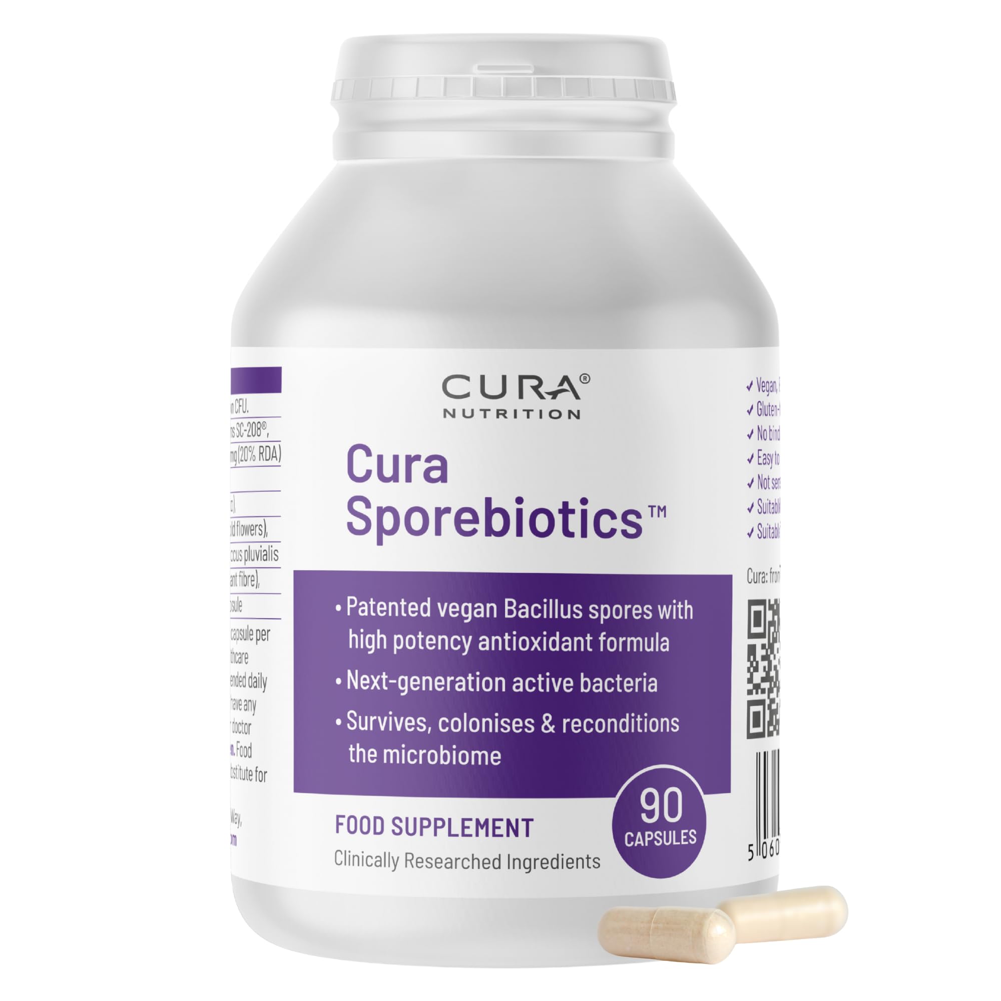 CURA NUTRITION SPOREBIOTICS – Spore Based Probiotic with Antioxidants, Active Bacteria Daily Supplement to Boost Akkermansia, 3 Bacillus Spores for Gut Health Support, Vegan Probiotics (90 Capsules)