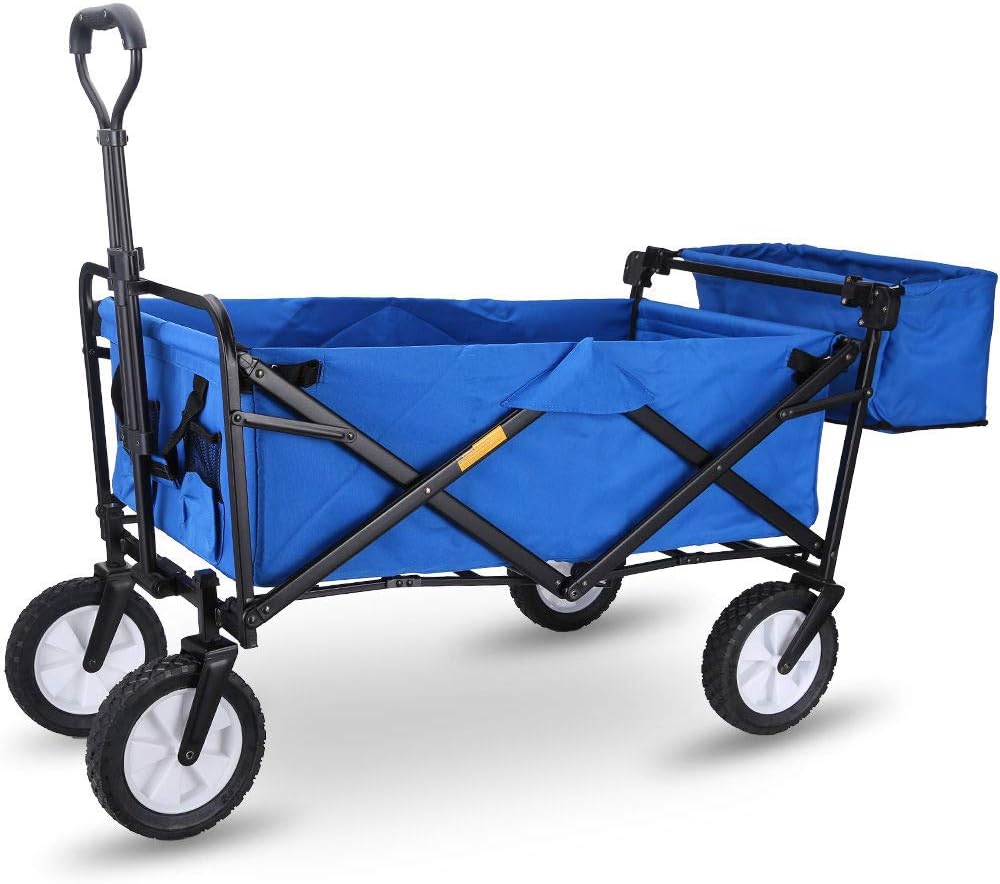 WHITSUNDAY Collapsible Folding Garden Outdoor Park Utility Wagon Picnic Camping Cart 8" Wheels with Rear Storage (Standard Size with Rear Storage, Blue)