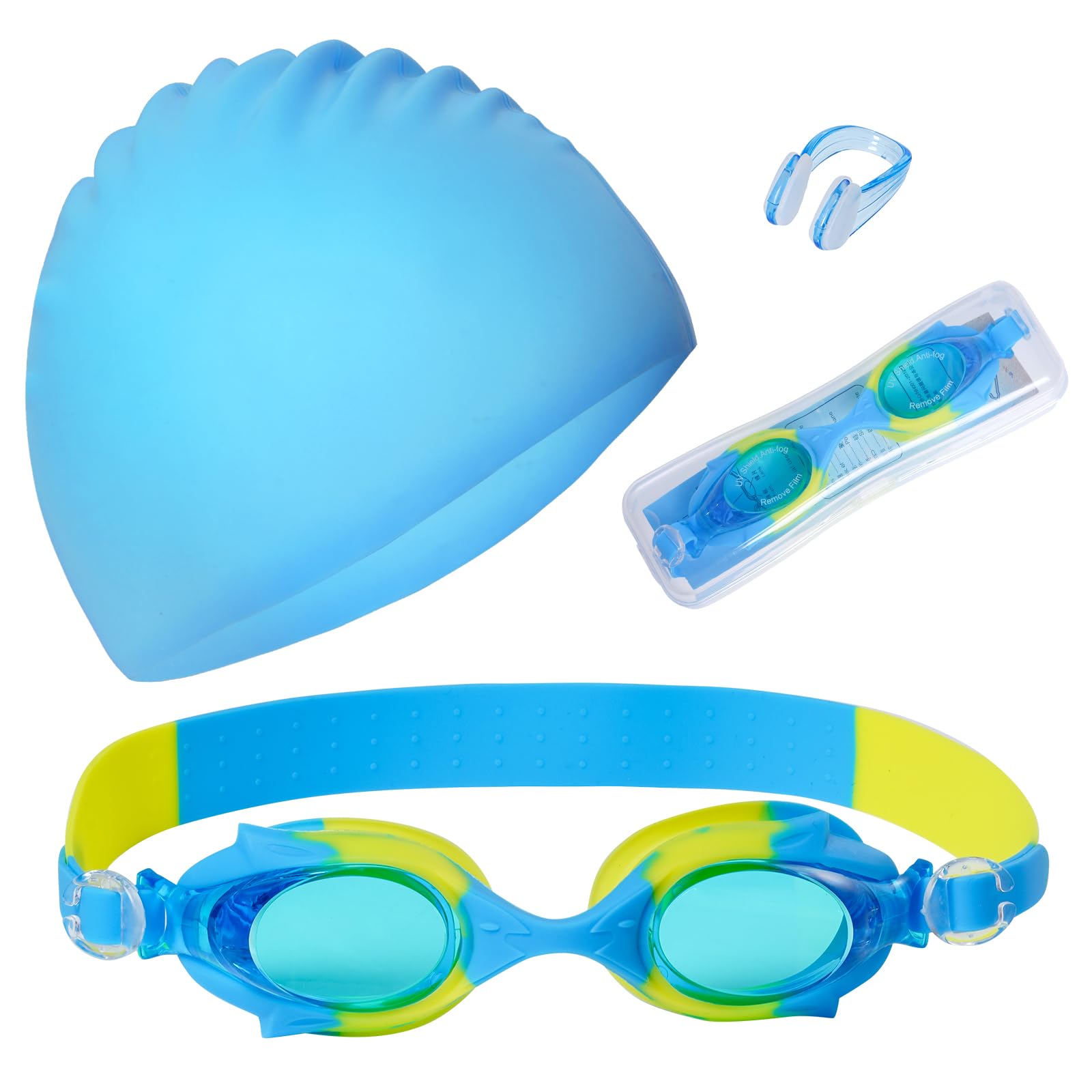 Photo 1 of 3 Pieces Kids Swim Cap for Boys Girls Silicone Swimming Cap for Short Hair with Swimming Goggles and Nose Clip Blue Unisex Waterproof Bathing Caps for Age 3-15 Children Boys Girls