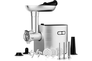 CHEFFANO Meat Grinder, Electric Meat Grinder and Sausage Maker Includes 3 Size Stainless Steel Sausage Stuffs, 2 Cutting Blades, 3 Grinder Plates, Plastic Sausage Tubes & Kubbe Kit for Home Use