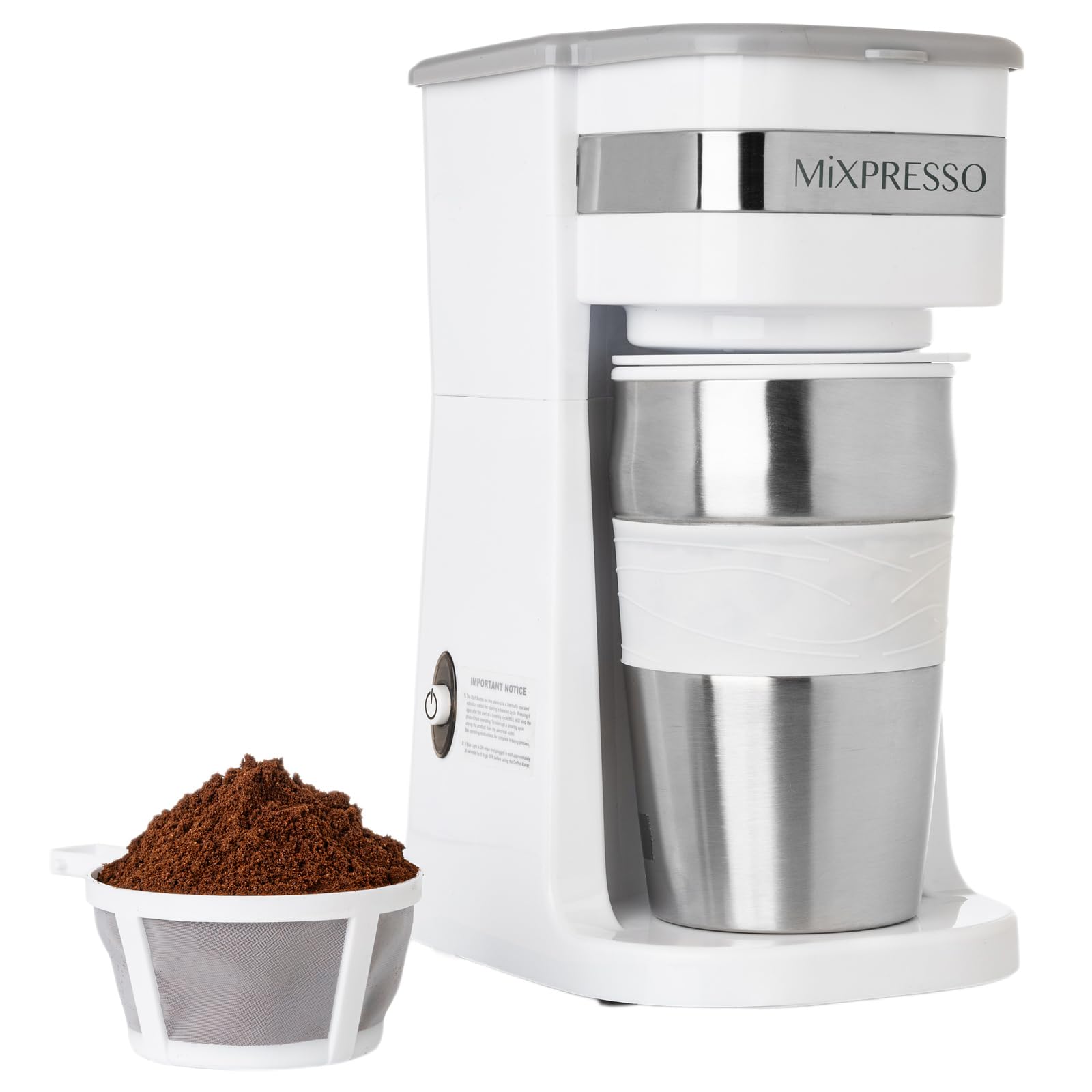 Photo 1 of Mixpresso White Personal Single Serve Coffee Maker with 14oz Travel Mug, Drip Small Coffee Maker with Auto Shut Off, Reusable Filter, Works with Ground Coffee Only – Not for K-Cup Pods