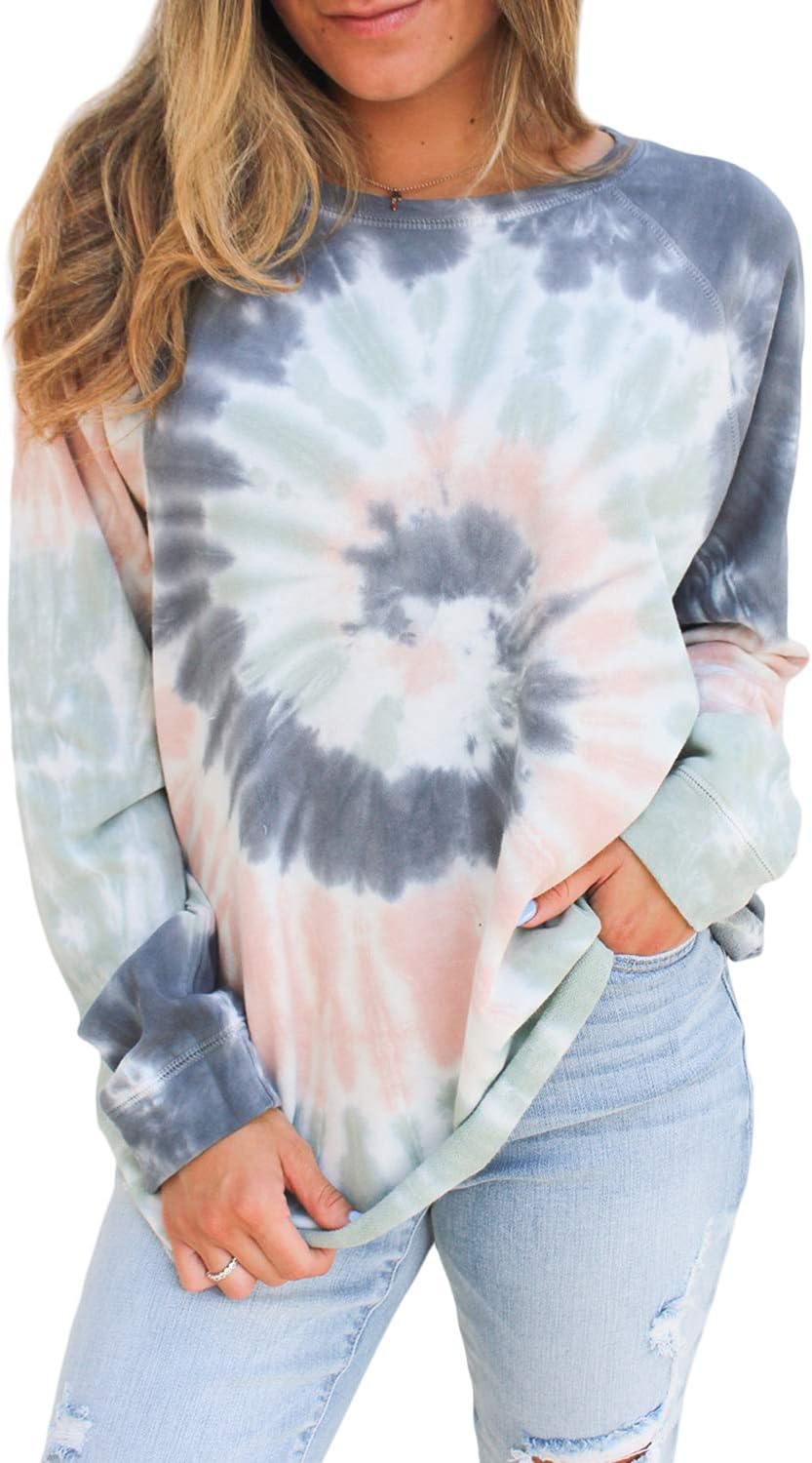 FARYSAYS Women's Tie Dye Color Block Crewneck Long Sleeve Casual Loose Pullover Sweatshirt Tops