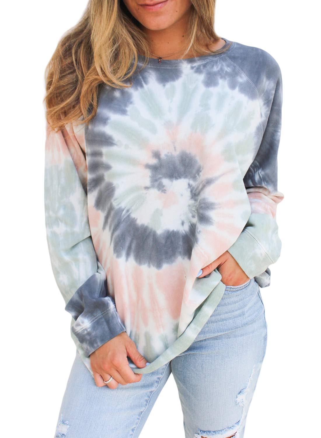 FARYSAYS Women's Tie Dye Color Block Crewneck Long Sleeve Casual Loose Pullover Sweatshirt Tops
