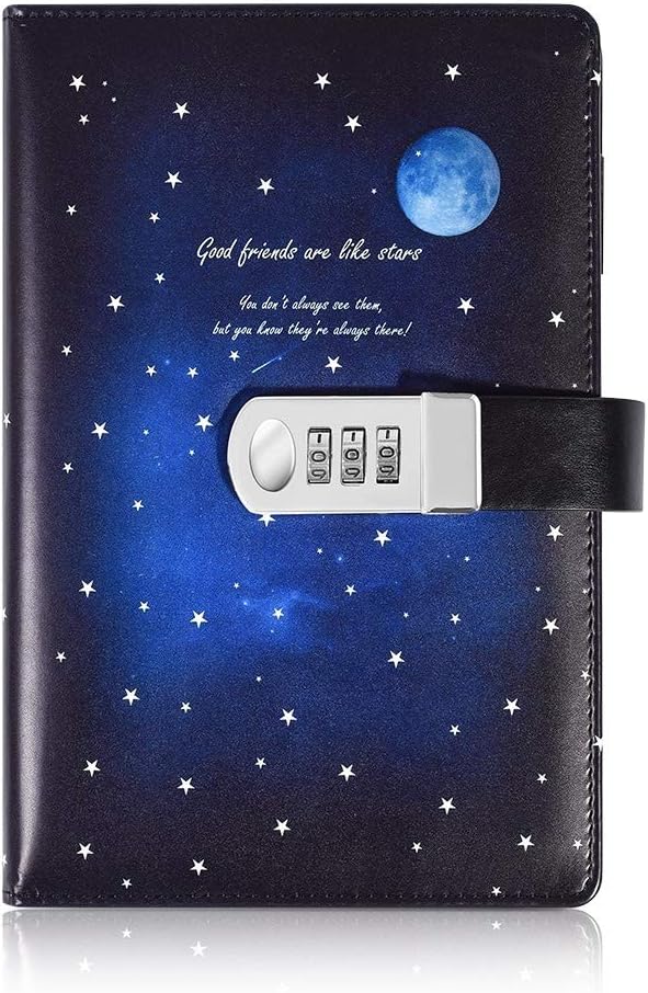 Starry Notebook with Password Lock, Diary Size A5 (8.67 X 5.9 Inch) The PU Leather Combination Lock Journal (Combination Lock Diary) 130 Sheets of Paper (Starry 2)
