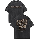 Weetiotio Christian Jesus Loves You Shirts for Men Religious Oversized Graphic Tees Jesus Faith Acid Wash T Shirt God Top
