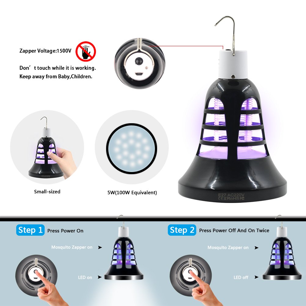 Bug Zapper Bulb- [2018 Upgraded] 2 in 1 Mosquito Killer Lamp & LED Night Light / USB and Solar Charging / Lightweight Lantern for Indoor / Outdoor, Home / Camping