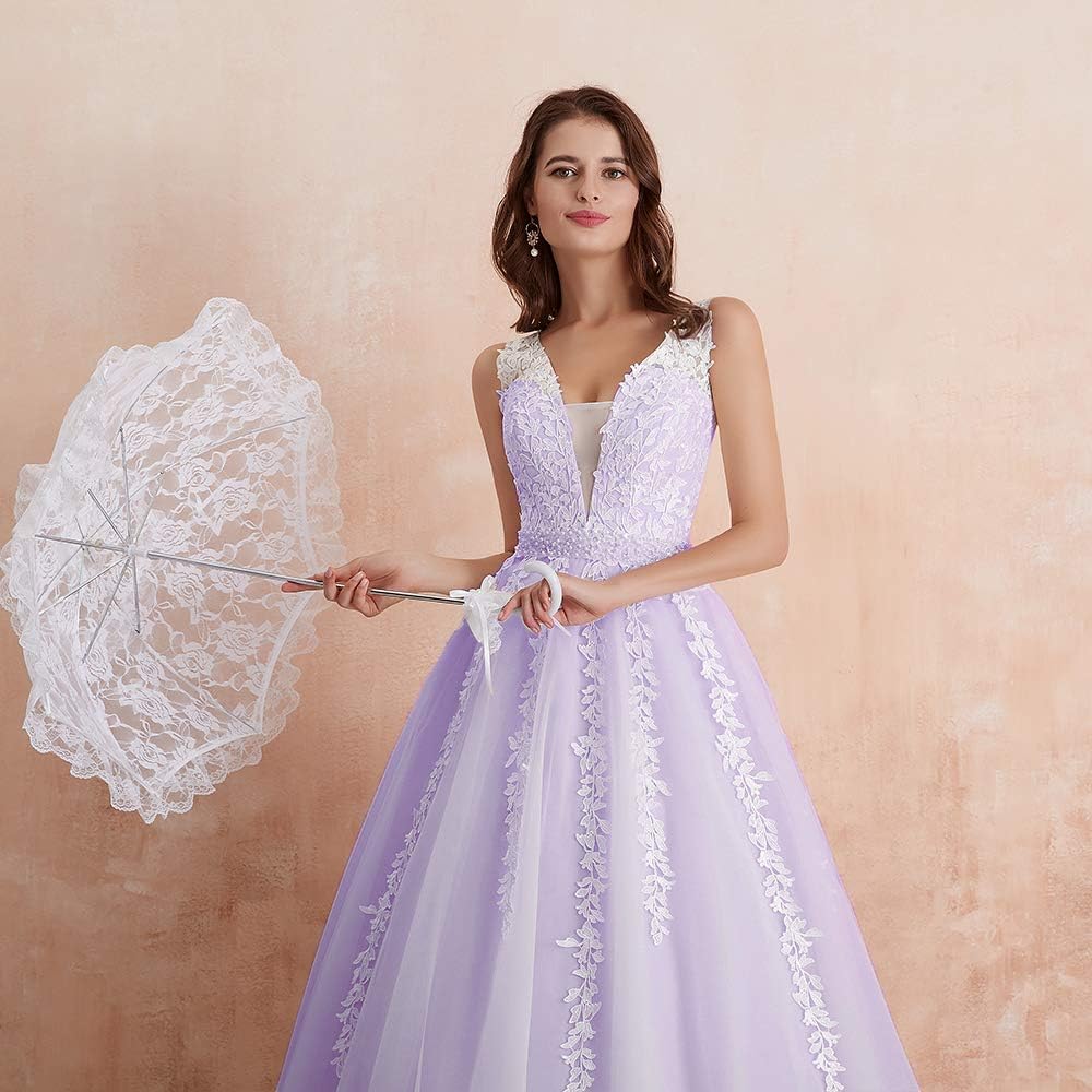 Abaowedding Women's Wedding Dress for Bride Lace Applique Evening Dress V Neck Straps Ball Gowns: Clothing